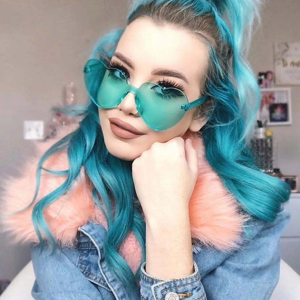 

2018 Candy Color Love Heart Shaped Sunglasses Rimless Frame Tint Clear Lens Sun Glasses Lady by 14 Colors Transparent Red Blue