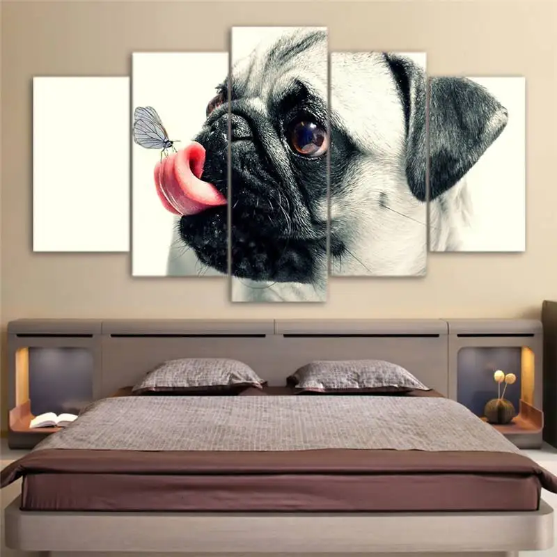 5 Piece Canvas Art Cute Pet Dog Painting Pugs Wall Pictures For Living