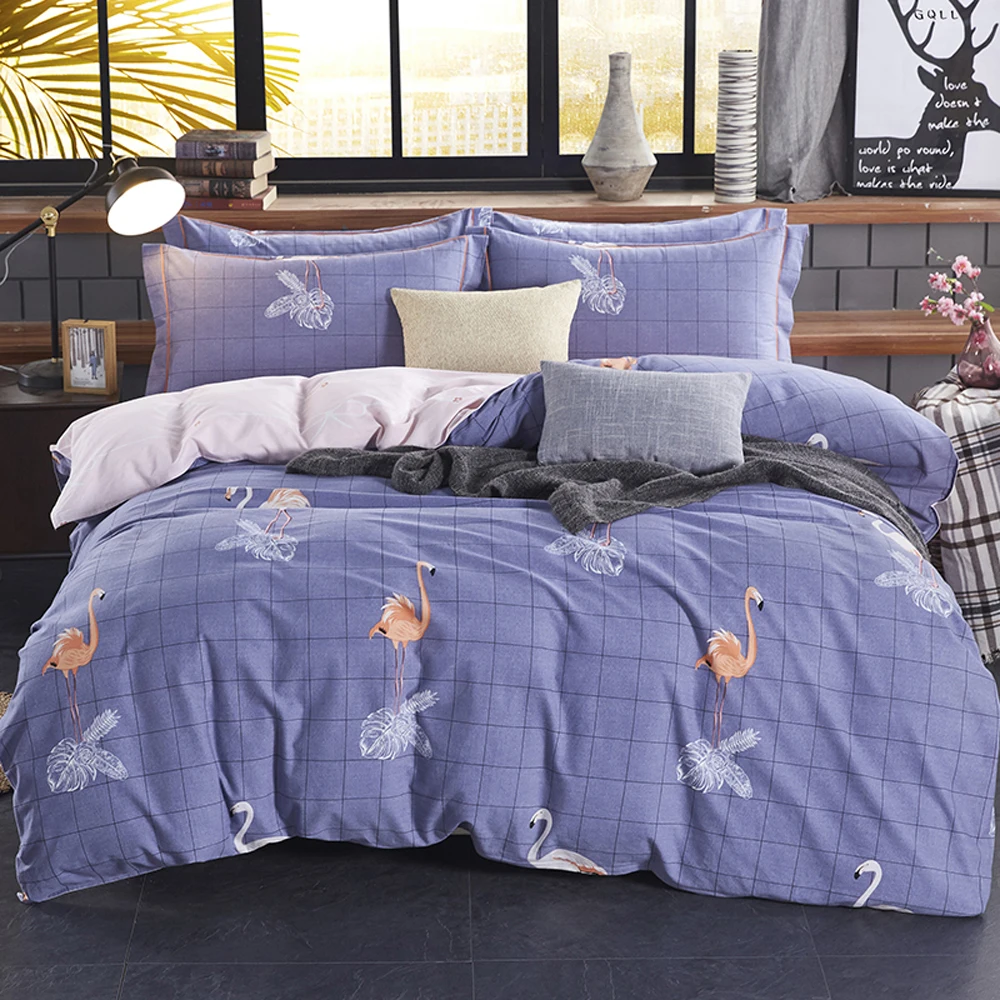 

2018 Flamingo Blue Plaids Bed Covers Sanding Cotton Duvet Cover Set Brushed Queen King Size Bedlinens Pillowcases Sheet