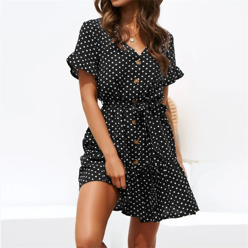 Summer Chiffon Dress Polka Dot Boho Beach Vintage Ruffles Short Sleeve A-Line Party Mini Sundress Vestidos Plus Size | Женская одежда