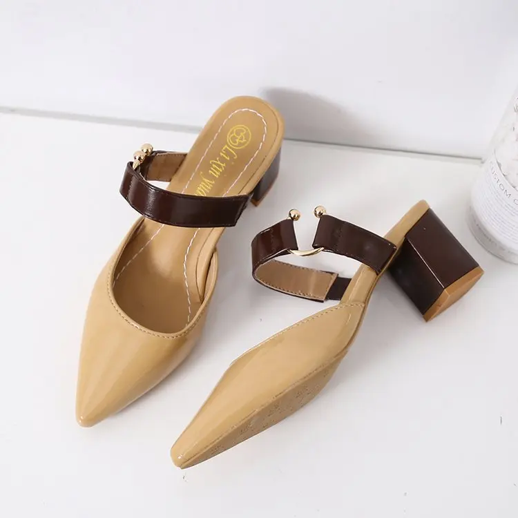 spring summer sandals Square heel casual shoes women shoes single shoes pointed fashion thick with high heels female f088 - Цвет: Khaki