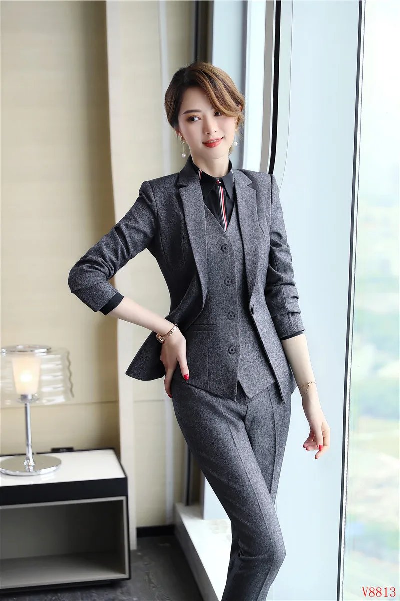 Gilet Costumes Blazers Ensembles 2019 Gris Dames Veste Pantalon Nouveau Formelle Élégante De 3 Femmes Et D'affaires Blazer Pièce 6CXYqT