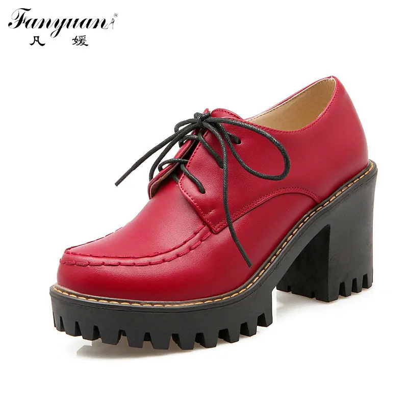 

Fanyuan British Style Pumps Women Oxfords 2017Spring Autumn Lace-Up Pumps Thick High Heels Ladies Platform Creepers Casual Shoes