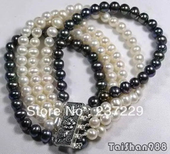 

Wholesale price SHIPPING ^^^^ 5 Rows Black & White Pearl Silver Flower Clasp Bracelet