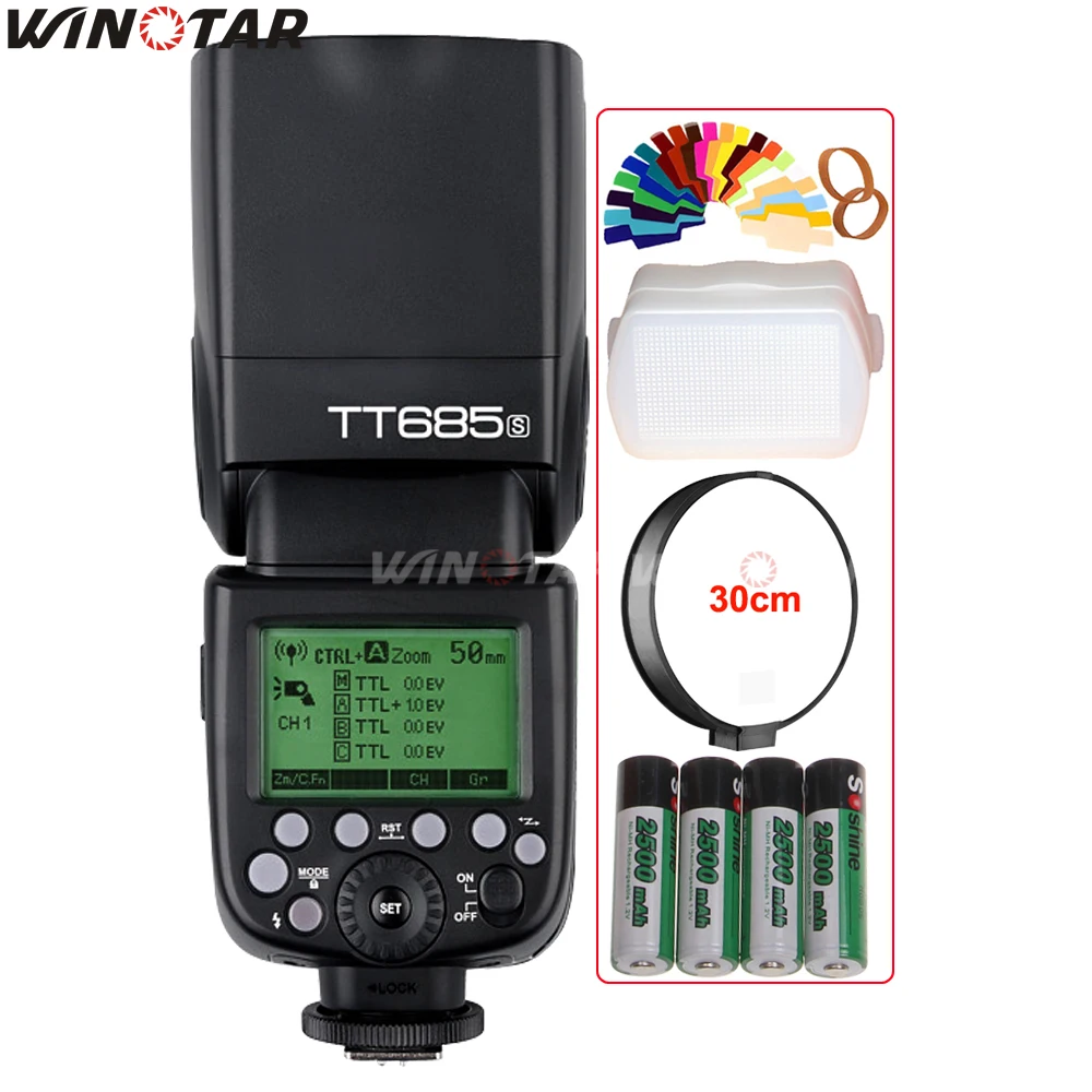 

Godox TT685S 2.4G HSS 1/8000s TTL Speedlite Flash + 4x 2500mAh Battery for Sony A77II A7RII A7R A99 A58 A7000 A6500 A6300 A6000