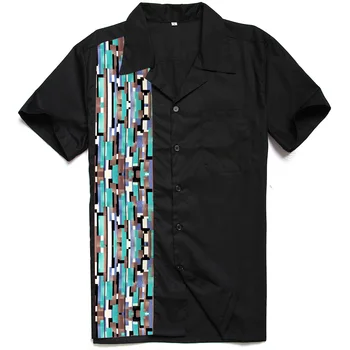 

Short Sleeved mens Clothing Abstract Mosaic Printed Men's Cotton Casual Black Blouse Hip Hop Rockabilly Shirts Camisa Masculina