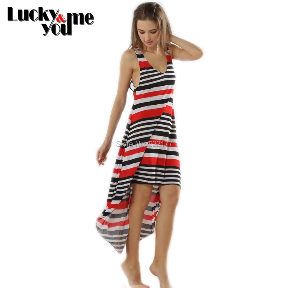 

2020 Summer Womens Fashion Sexy Asymmetric Red Black Striped Lycra Cotton Dresses Female Beach Wear Adjustable Halter Dress Girl