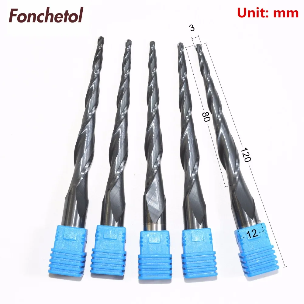 

12mm*R1.5*80C*120L,CNC spherical cone solid carbide end mill,woodworking router bit,2 flutes taper ball nose milling cutter