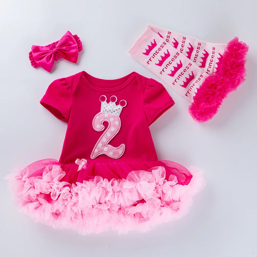 Комплект из 3 предметов, розовое платье с короной для маленьких девочек на первый день рождения, платье принцессы с короной, комбинезон с повязкой на голову, леггинсы для детей от 0 до 24 месяцев
