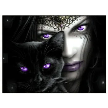 

5D Blue Eye Woman & Black Cat DIY Diamond Painting Cross Stitch Full Square Resin Diamond Embroidery Diamond Mosaic Paintings