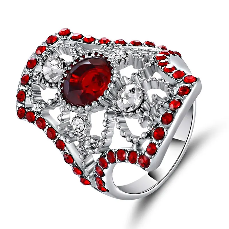 

Unique Shield Red Resin Hollow Ring Fashion Silver Color Mosaic Crystal Ring For Women Wedding Party Gift