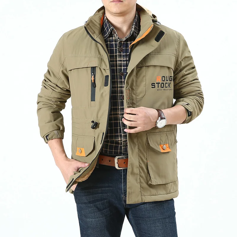 AFS джип размера плюс 4XL зимняя куртка мужская Военная ветровка с капюшоном шерстяная подкладка теплые мужские пальто Верхняя одежда jaqueta masculina - Цвет: Khaki