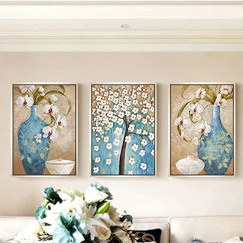 

Modern Vase Flowers Diamonds Painting Embroidery Full Drill Round Diamonds DIY Cross Stitch Triptych Wall Decor Lliving Room