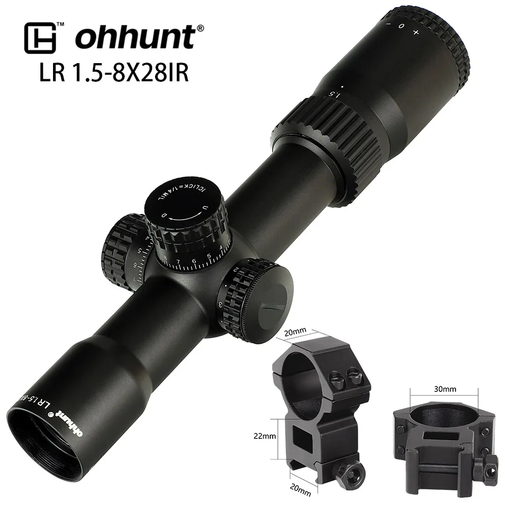 Тактический ohhunt LR 1,5-8X28 ИК компактный охотничий прицел Mil Dot стекло травленая сетка Красное освещение башенки замок Сброс прицел - Цвет: High Picatinny Rings