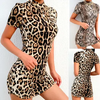 

2019 Newest Women Sexy Leopard Snake Print Dress Lady Bodycon Short Sleeve Evening Party Club Casual Mini Dress