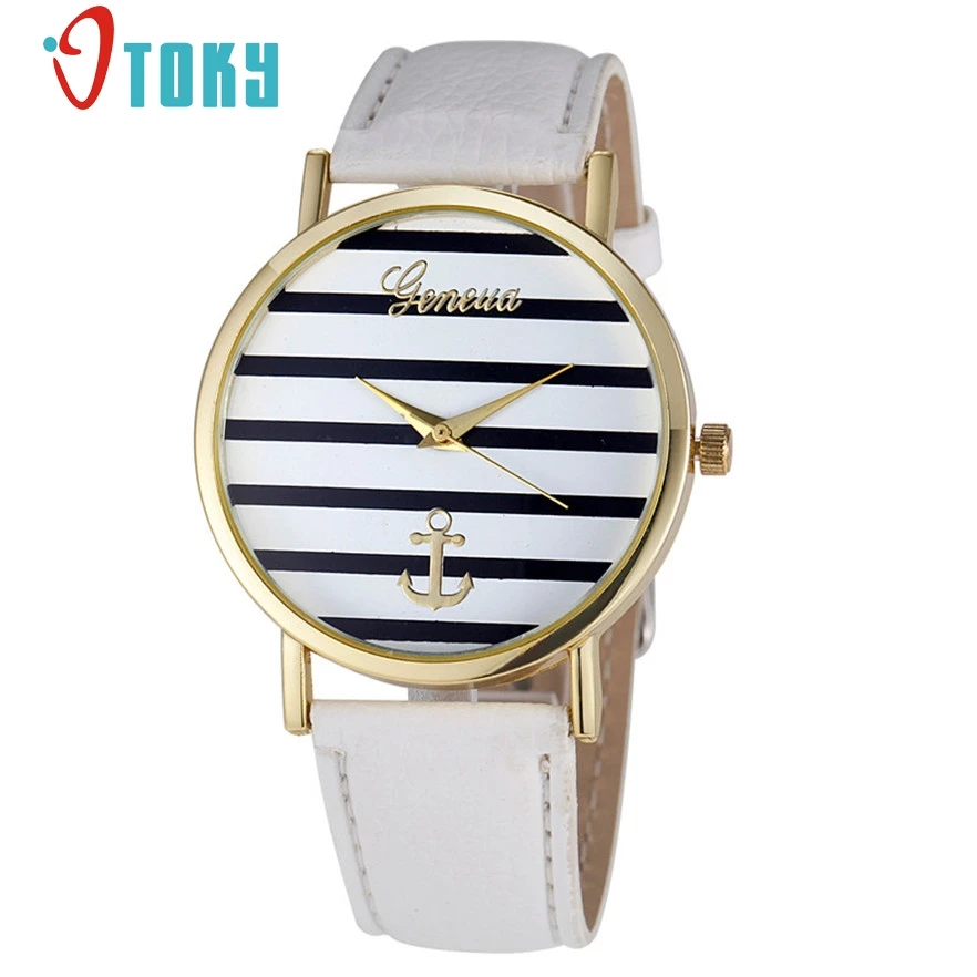 

OTOKY Wrist Watch Women Montre Femme fashion Geneva Style Striped Anchor Analog Faux Leather Quartz Watches #30 Gift 1pc