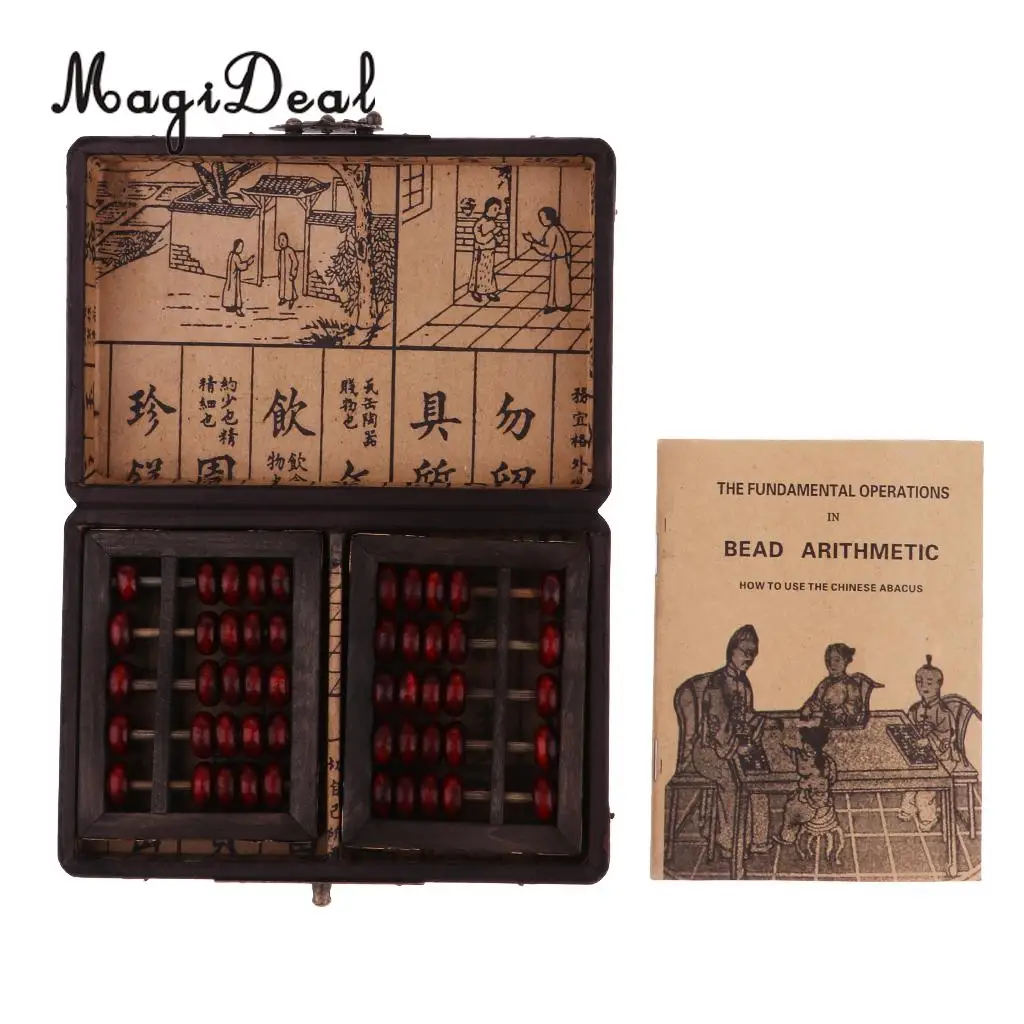 MagiDeal 2Pcs Vintage Chinese Wooden Bead Arithmetic Abacus 5 Rows Calculator Counting Tool w/ Box