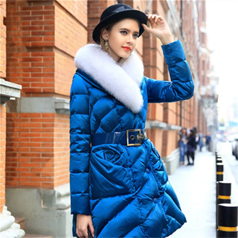 Женский пуховик Новая европейская зимняя женская куртка с воротником из лисьего меха тонкое длинное утепленное пальто пуховик