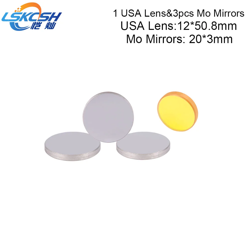 

LSKCSH 1Pcs USA lens Diameter 12mm focal length 50.8mm and 3pcs Mo mirrors 20mm for 3020 K40 Co2 laser stamp Engraving machines
