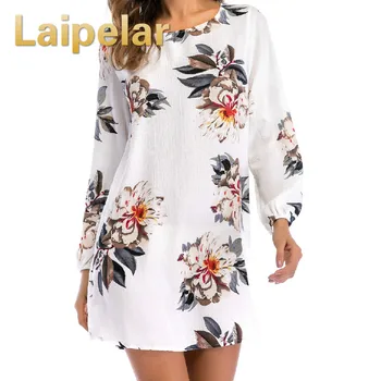 

Laipelar Floral Printed Dress 2018 New Spring Dress Casual Women Dress New Round Collar Long Sleeved Backless Bow Dress Femme
