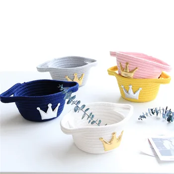 

Nordic Crown Cotton Rope Wowen Storage Baskets With Handles Desktop Sundries Finishing Basket Kids Toys Cosmetic Organizer Box
