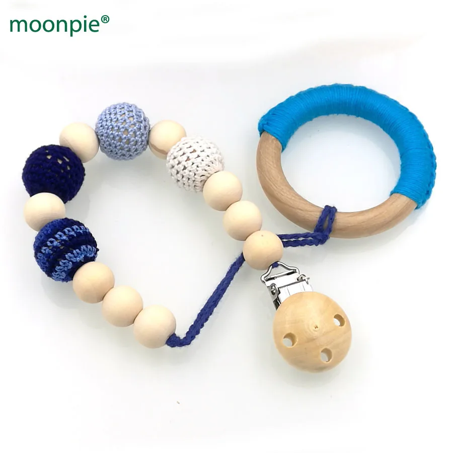 Eco friendly Fade Blue crochet beads Pacifier Clip Holder wooden paci