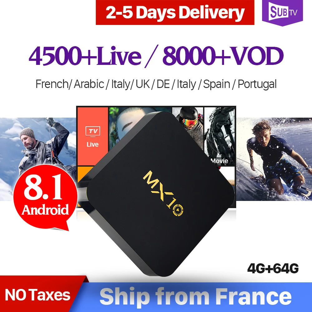 

4K IPTV France Box MX10 Android 9.0 RK3328 1 Year SUBTV IPTV Code Spain Italia Arabic Canada France Belgium Netherlands IP TV