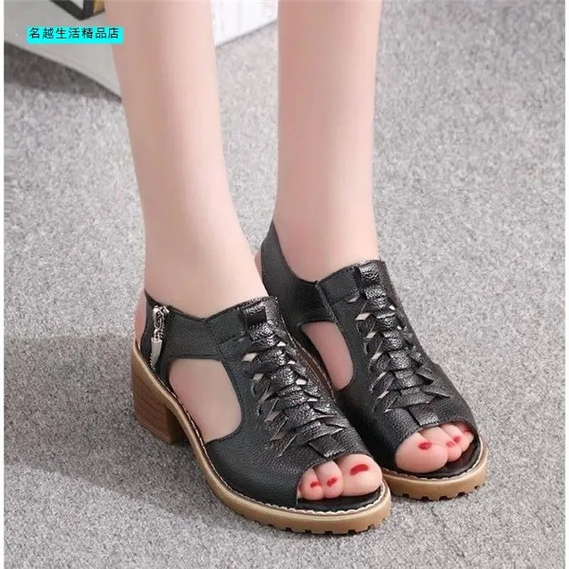 

Vintage Elegant Mid Square Heel Women's Sandals Summer Style Peep Toe Cross Tied Side Zip Design Shoes Woman Shoes XS67