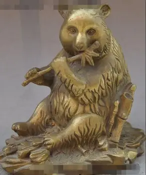 

6" china fengshui brass animal National treasure Panda bearcat eat Bamboo statue