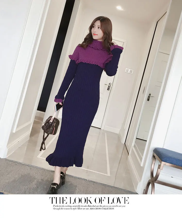 Модное Элегантное Длинное вязанное платье-свитер с высоким воротом, зимнее женское вязанное облегающее платье с оборками в стиле пэчворк, плотный пуловер