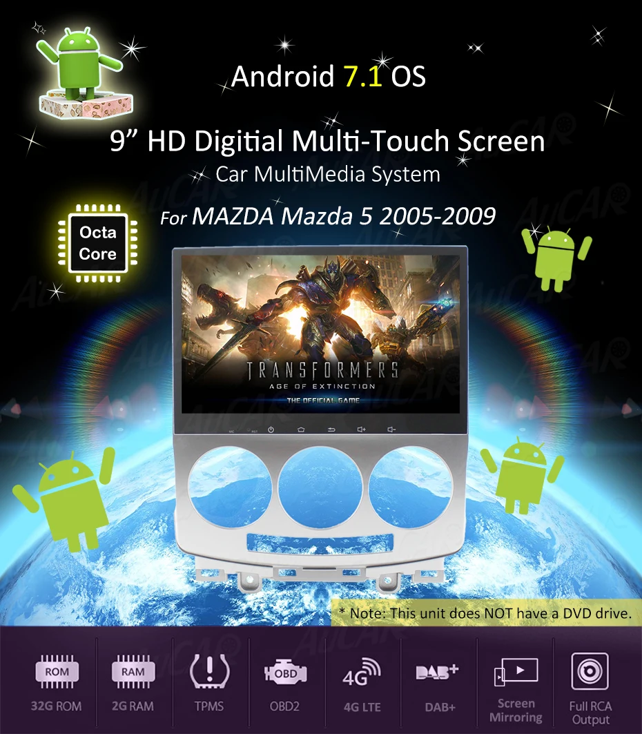 Perfect Android 7.1 car dvd player 9" GPS Navigation system for Mazda 5 2005 - 2009 HD 1024*600 Bluetooth GPS Radio WIFI 4G Stereo aux 6