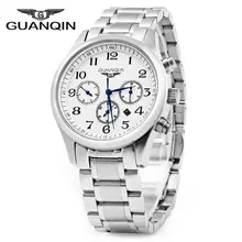 GUANQIN Men Steel Band Calendar Quartz Watch 10ATM Water Resistant with Three Moving Sub-dials
