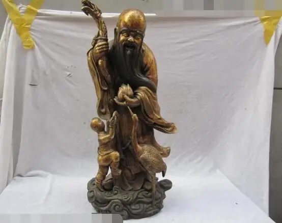

S03482 24"China Folk collection classical Bronze Boy crane longevity God Buddha statue
