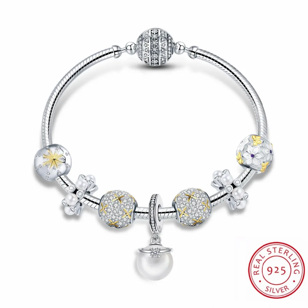 

Super Quality 100% Real 925 Sterling Silver Bracelet & Bangles Exquisite Flower Pearl Beads Charms Bracelet Fit Fashion Jewelry
