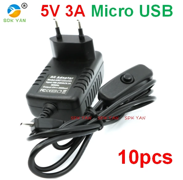 10 шт. 3A USB v8 Кнопка ВКЛ/ВЫКЛ зарядное устройство ЕС 5 в 3 А Micro Raspberry PI источник