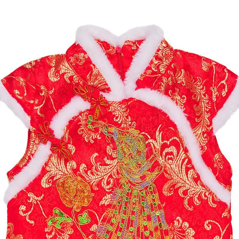 Детский Традиционный китайский костюм Ципао из 2 предметов платье для девочек зимние детские комплекты одежды для девочек Хлопковое платье Ципао+ шаль, комплект От 3 до 8 лет