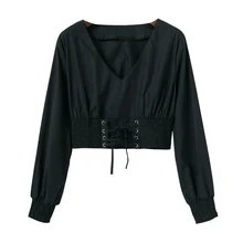 Американский уличный стиль, женская Однотонная футболка с длинным рукавом, v-образным вырезом, укороченный топ, Футболка с рукавами-буфами, хлопковая футболка с длинными рукавами и завязками