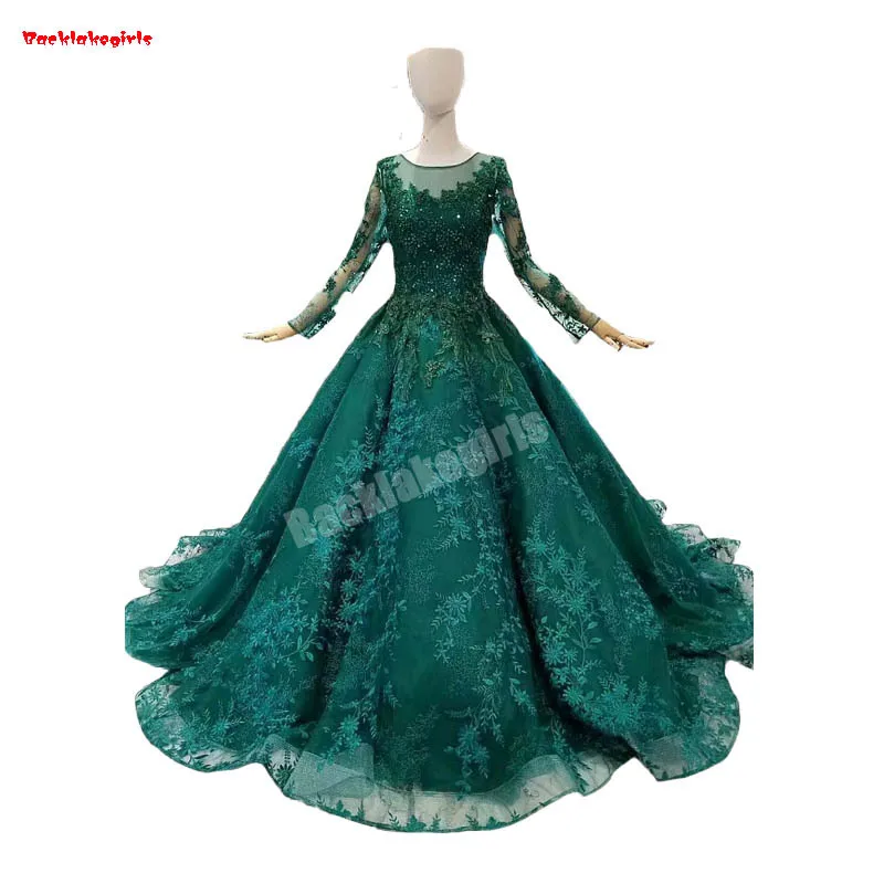 

963214 Aqua Green Wedding Dresses Long Sleeve Flowers With Beading Prom Gown