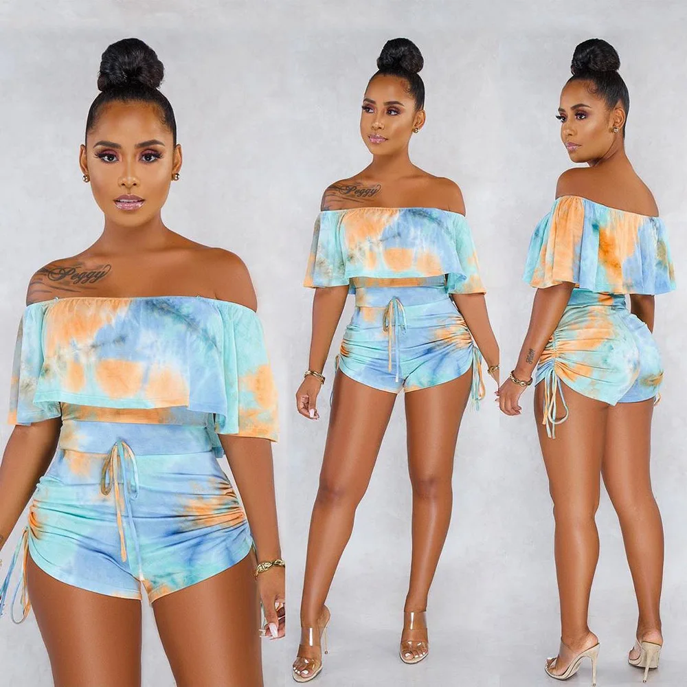 

S3605 Europe and America Summer Sexy Hollow Strapless Camouflage Printed Ruffled Hot Shorts Jumpsuit Lace Up