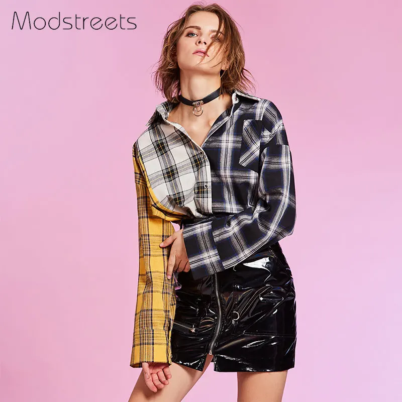 Goedkoop Modstreets 2018 Lente Shirt Vrouwen Plaid Shirt Katoen Lange Mouwen Patchwork Blouse voor Meisjes Koreaanse Top Streetwear Merk Shirt