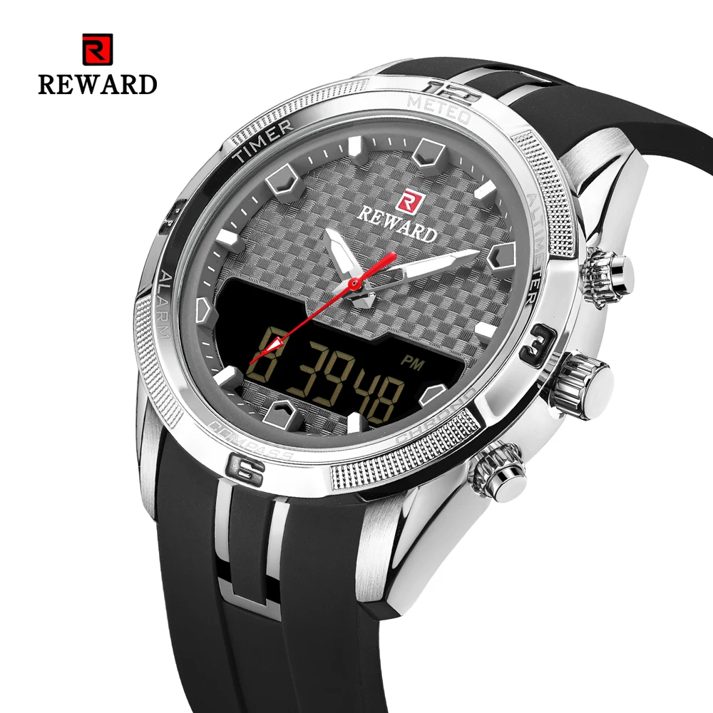 ✔ Мужские часы Top Luxury Мужчины PU Band Спортивные часы REWARD мужские кварцевые светодиодные цифров ①