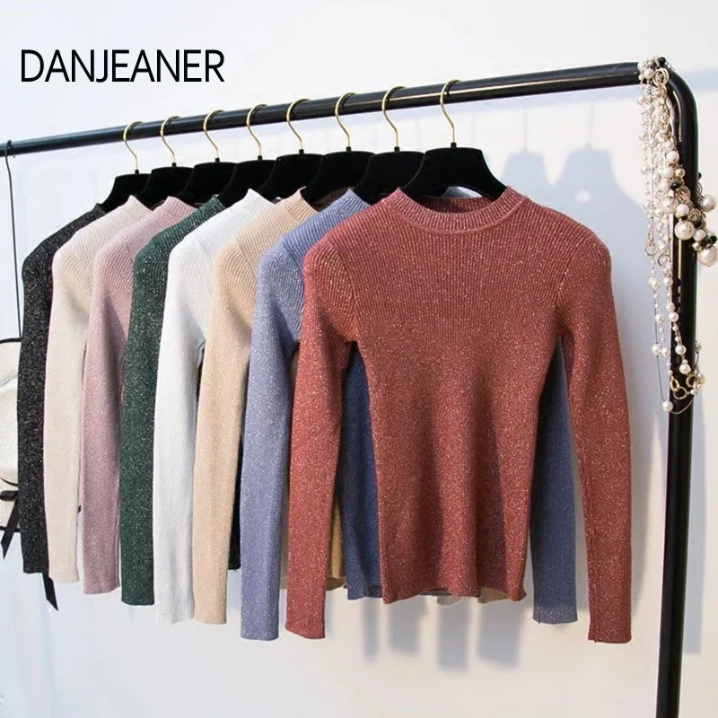 

DANJEANER Shiny Lurex Autumn Winter Sweater Women Long Sleeve Pullover Basic Sweaters Turtleneck 2019 Korean Style Knit Tops