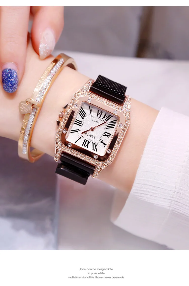 Женские повседневные часы Роскошные Алмазные женские кварцевые квадратные магнитные часы водонепроницаемые женские наручные часы римские цифры часы