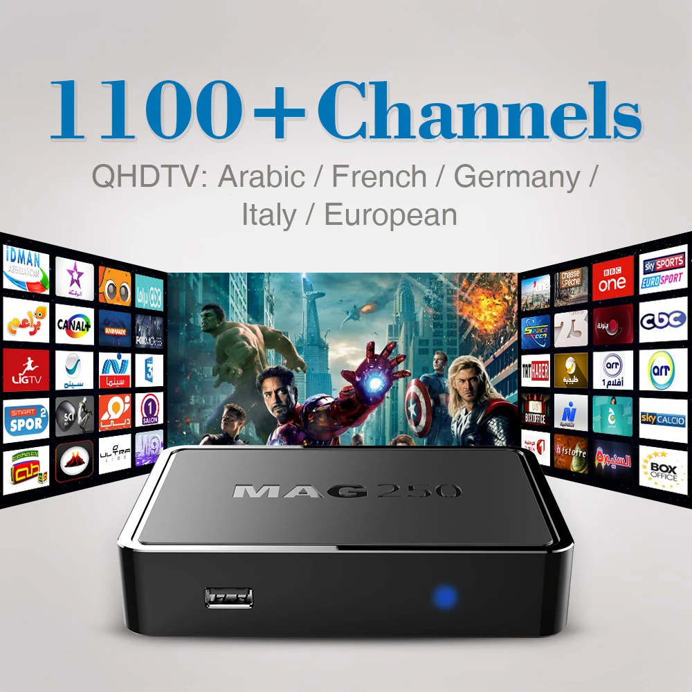 Top Quality IPTV BOX MAG 250 with 1100+Live TV Channels Arabic French Italy Europe IPTV Box Free shipping