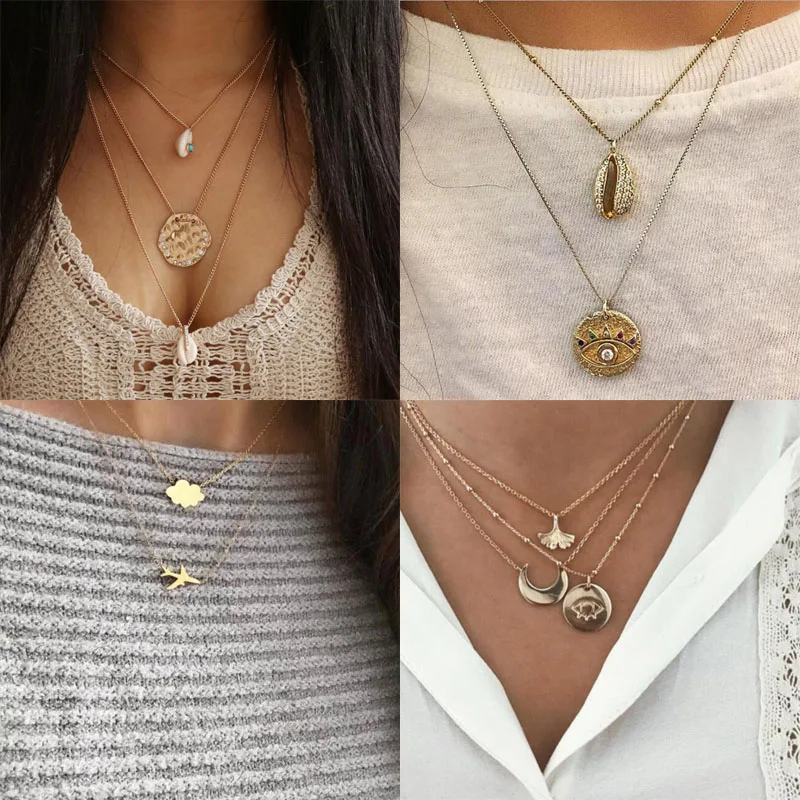 

Vintage Shell Necklace For Women Fashion Gold Color Medallion Necklace Multiple Layers Pendant Long Necklaces Boho Jewelry