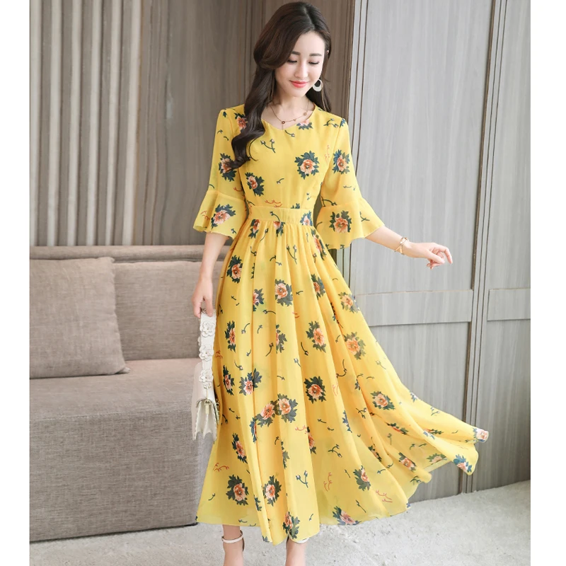 Plus size Yellow Chiffon long dress women summer party elegant noble