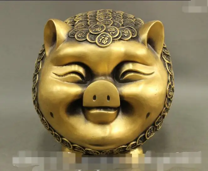 

S03996 10" Chinese Auspicious Pure Brozne Wealth Coin Zodiac Pig Art Statue Money Box B0403