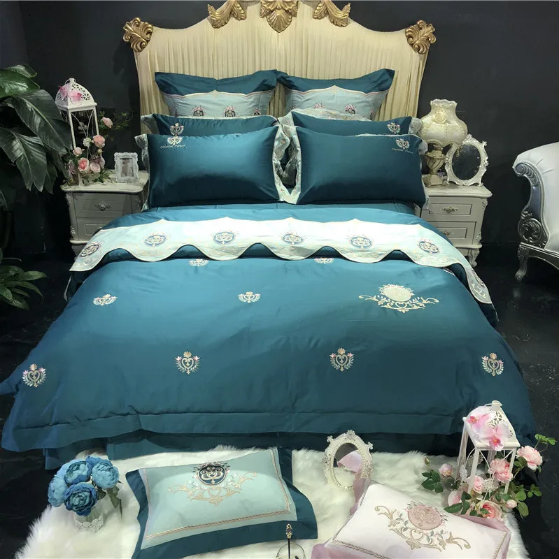 

Luxury Blue Pink Flowers Embroidery 100S Egyptian Cotton European Palace Bedding Set Duvet Cover Bed sheet Bed Linen Pillowcases