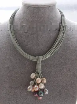 

Free Shipping ***Hot sale >>16" 14mm white gray black pink pearls gray leather necklace magnet clasp