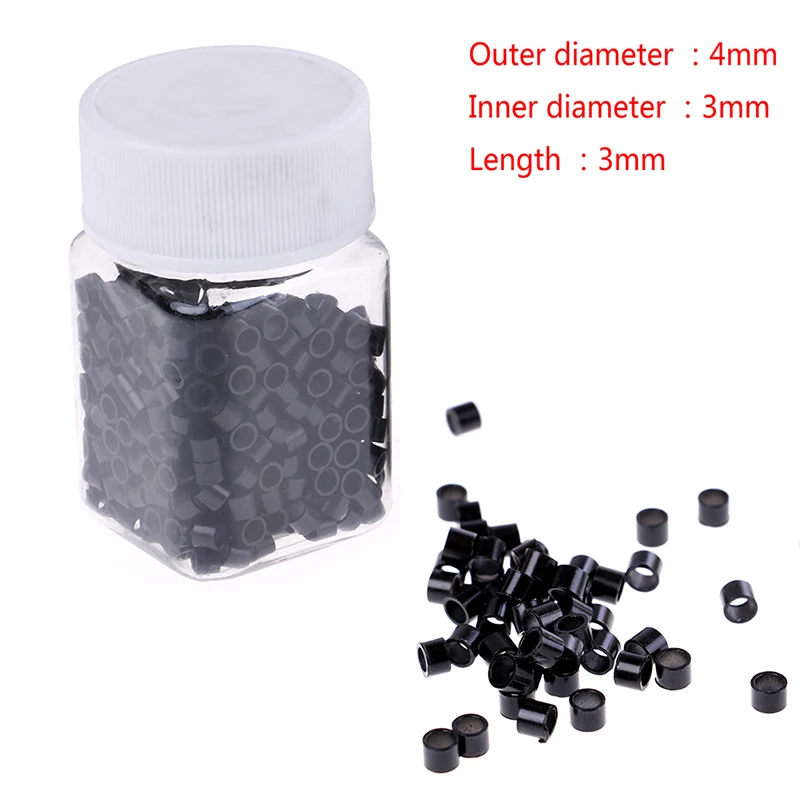 500pcs Black Silicone Lined Micro Beads Hair Extension Tubes Microrings Tube Beads Aluminium Hole 4.0*3.0*3.0mm